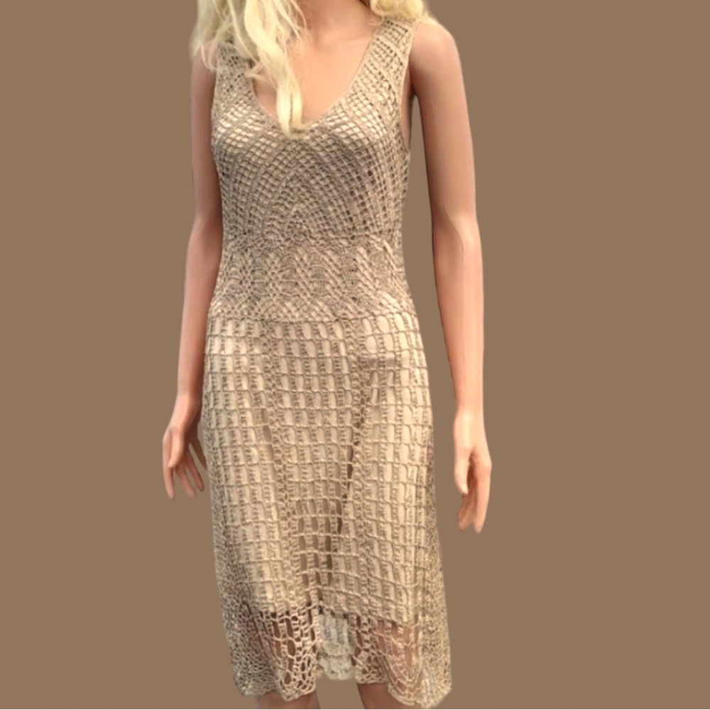 Antonio Melani Golden Shimmer Open Weave w Nude Lining Sheath Dress Size L